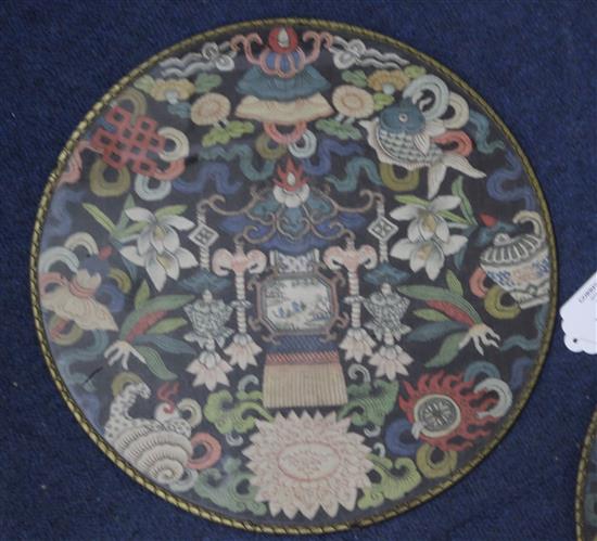 Three Chinese kesi woven roundels, 19th century, diameter 31cm, one glass cracked